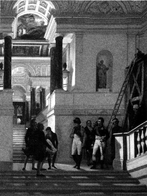 Napoleon visiting the new spaces of the Louvre museum. Since the French Revolution, the palace was used as a museum, to display the nation's master-pieces. Following the Egyptian campaign, Napoleon appointed the museum's first director, Dominique Vivant Denon, who was seen earlier mea-suring the Sphinx (p 100). The size of the collection increased under Napoleon. 